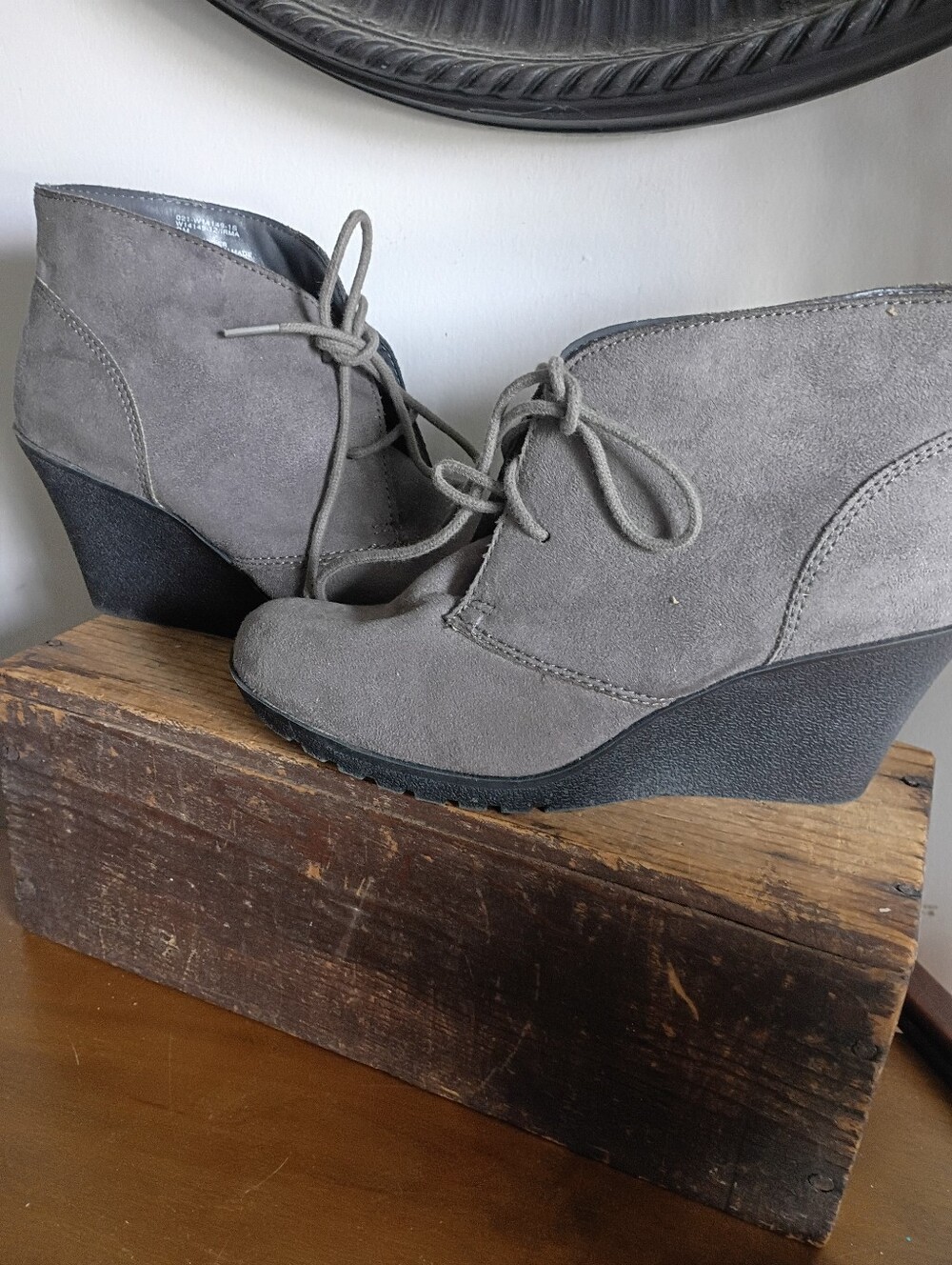 WHITE MOUNTAIN Gray  Faux Suede  TRACTION Desert Wedge Lace Up Booties